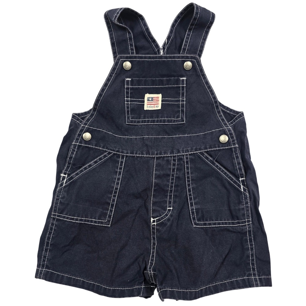 Baby Gap Navy Blue Cotton Shortall Overalls American Flag Logo 6-12 VTG 2003